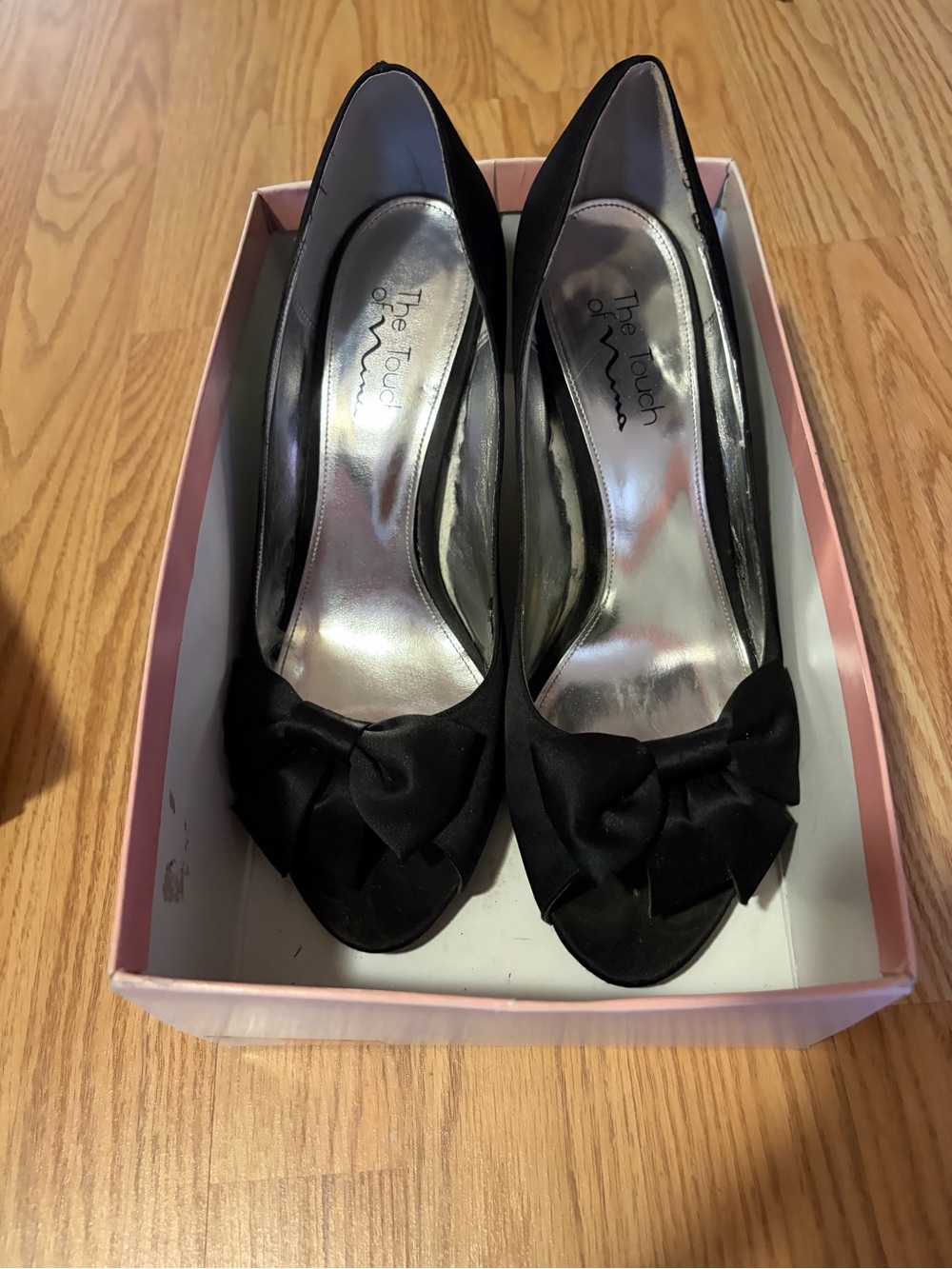 Touch of Nina Black Satin Bow Peep-Toe Heels
